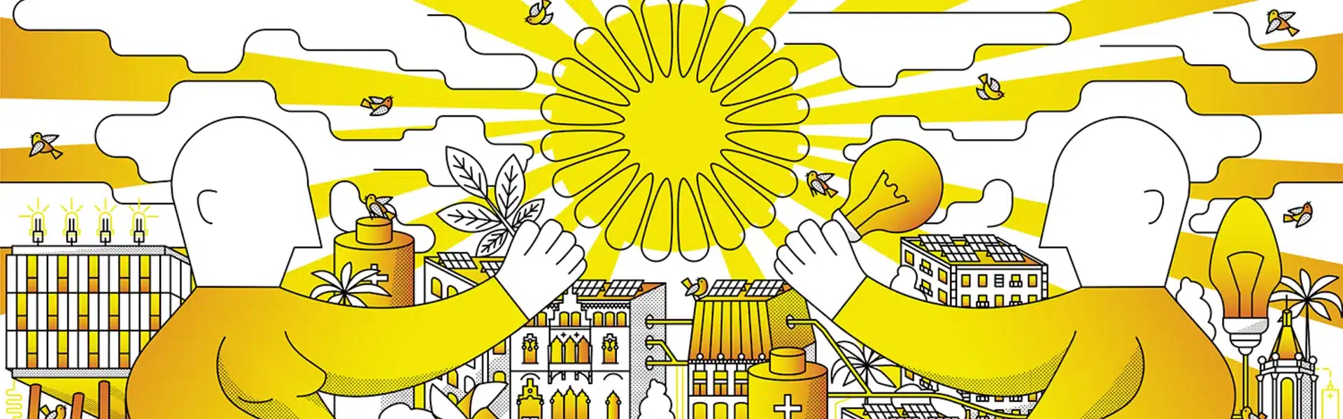 Ilustración sobre la transición energética que preside la oficina de SolarTradex en Mataró: sol, paneles solares, energía compartida entre personas y naturaleza